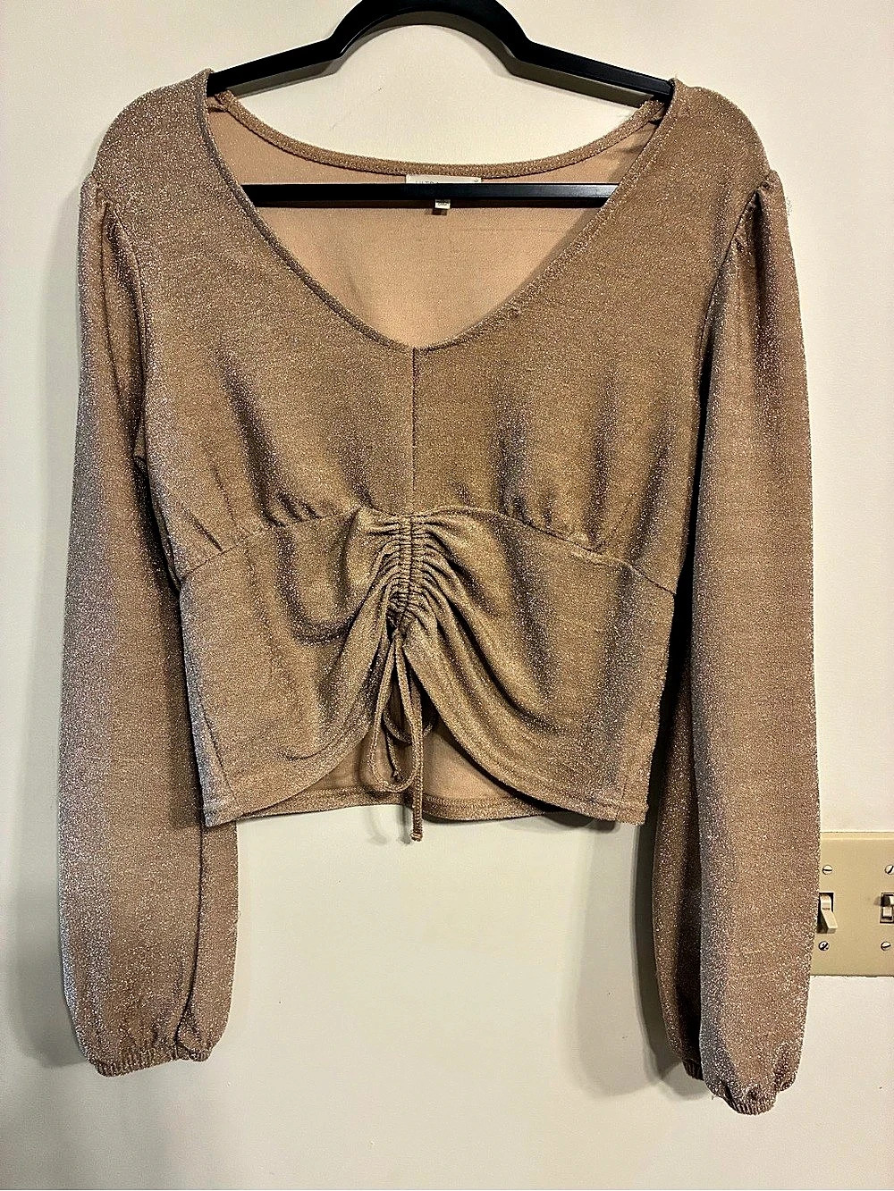 Ultra Flirt Women V Neck Long Sleeve Metallic Top Brown XL
